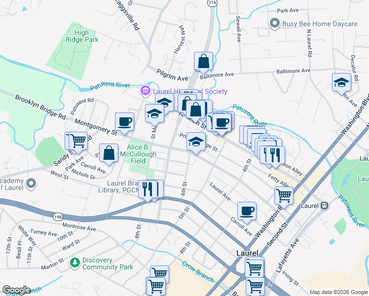map of restaurants, bars, coffee shops, grocery stores, and more near 605 Montgomery Street in Laurel