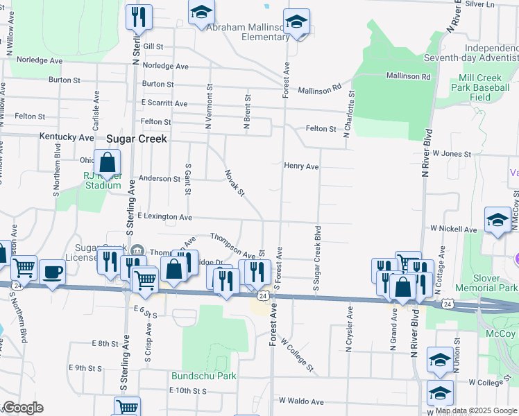 map of restaurants, bars, coffee shops, grocery stores, and more near 179 Novak Street in Sugar Creek