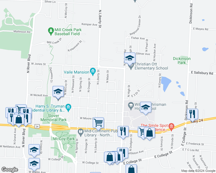map of restaurants, bars, coffee shops, grocery stores, and more near 1415 North Main Street in Independence