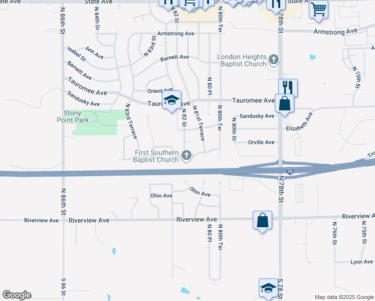 map of restaurants, bars, coffee shops, grocery stores, and more near 407 North 82 Street in Kansas City