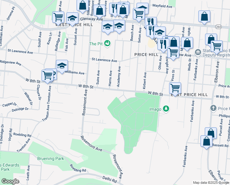 map of restaurants, bars, coffee shops, grocery stores, and more near 3909 West 8th Street in Cincinnati