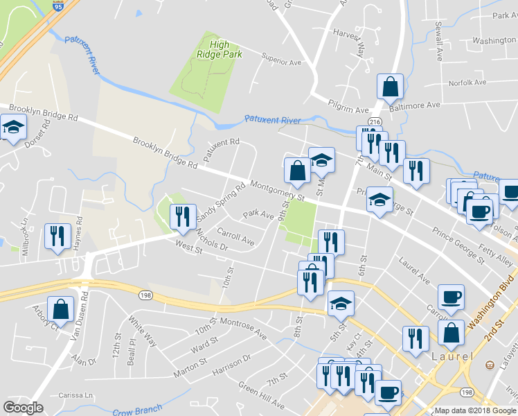 map of restaurants, bars, coffee shops, grocery stores, and more near 915 Park Ave in Laurel