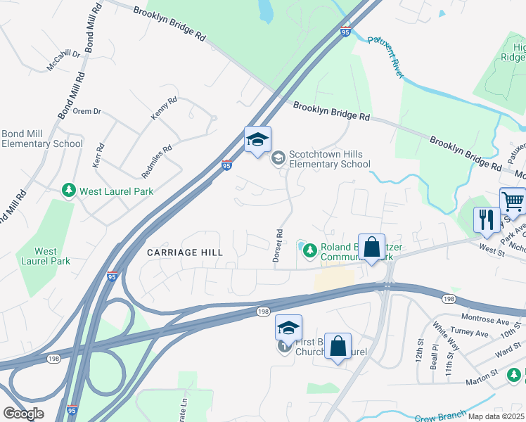 map of restaurants, bars, coffee shops, grocery stores, and more near 15706 Dorset Road in Laurel