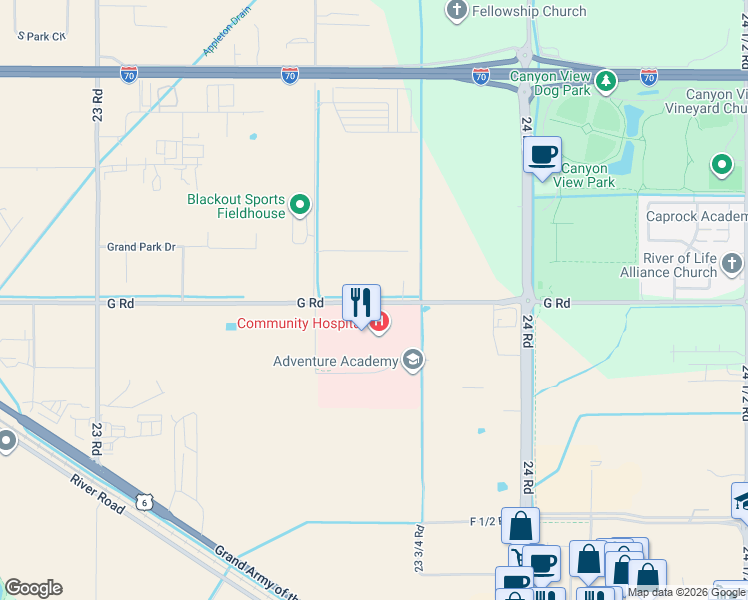 map of restaurants, bars, coffee shops, grocery stores, and more near 2372 G Road in Grand Junction