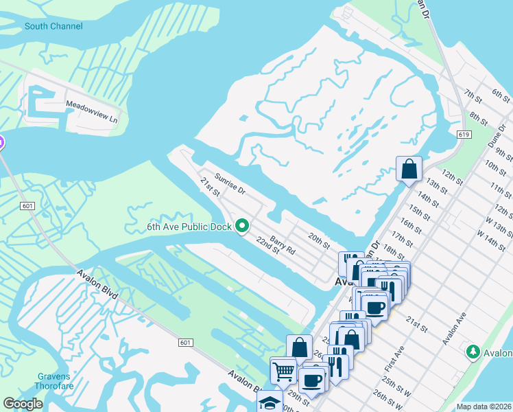 map of restaurants, bars, coffee shops, grocery stores, and more near 591 Sunrise Drive in Avalon
