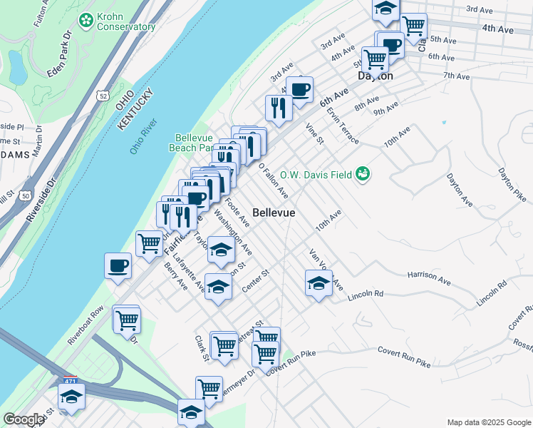 map of restaurants, bars, coffee shops, grocery stores, and more near 262 Ward Avenue in Bellevue