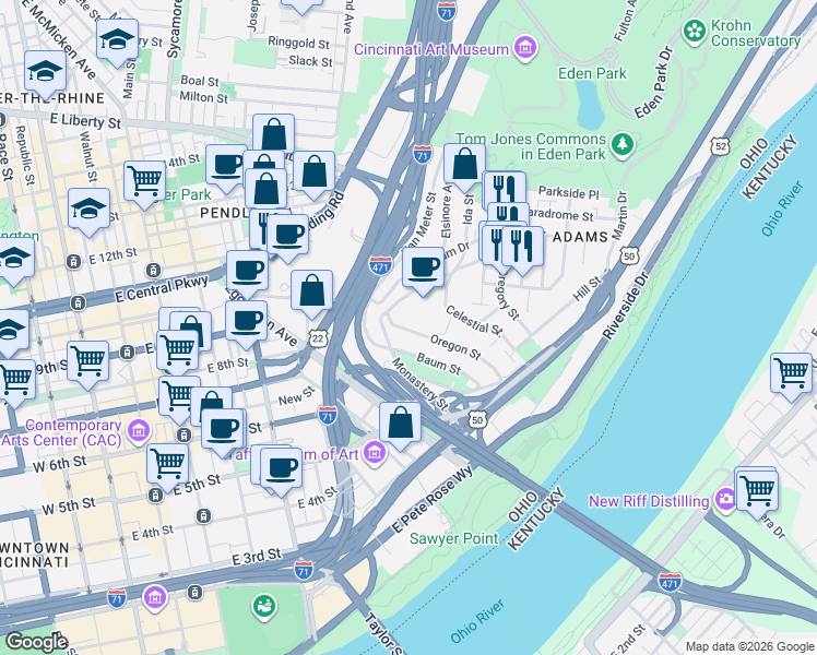 map of restaurants, bars, coffee shops, grocery stores, and more near Ohio River Trail in Cincinnati