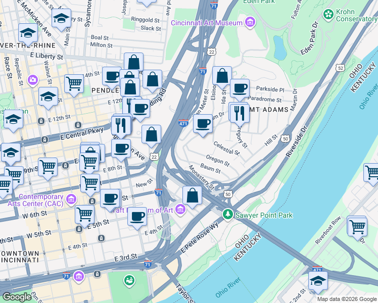 map of restaurants, bars, coffee shops, grocery stores, and more near Ohio River Trail in Cincinnati