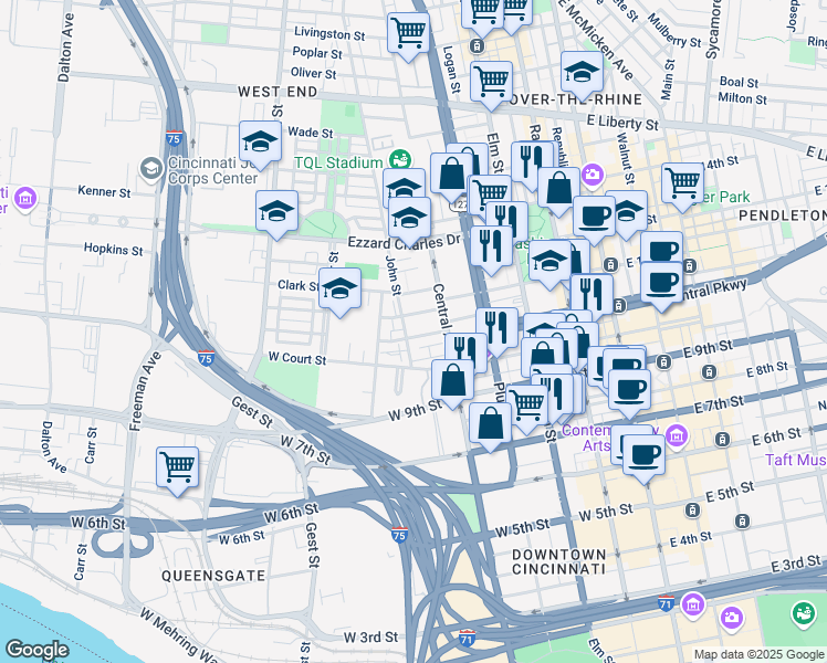 map of restaurants, bars, coffee shops, grocery stores, and more near 428 Elizabeth Street in Cincinnati
