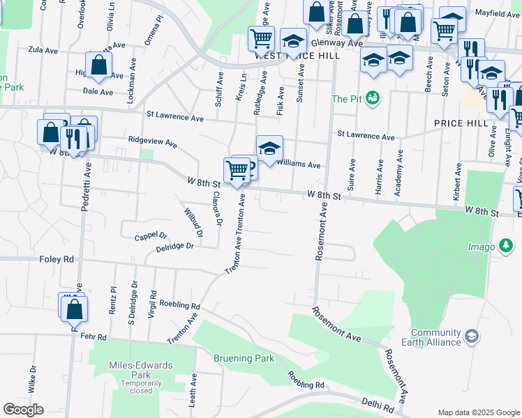 map of restaurants, bars, coffee shops, grocery stores, and more near 4161 Pleasure Drive in Cincinnati