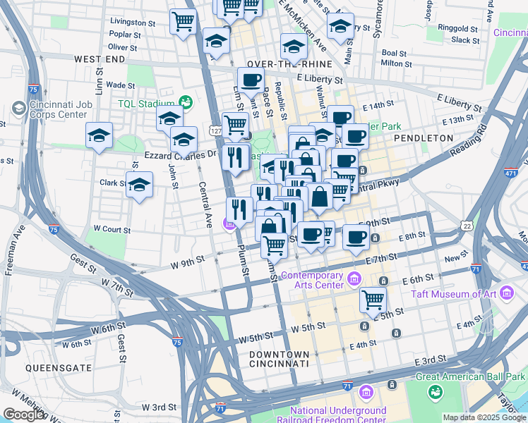 map of restaurants, bars, coffee shops, grocery stores, and more near 1020 Elm Street in Cincinnati