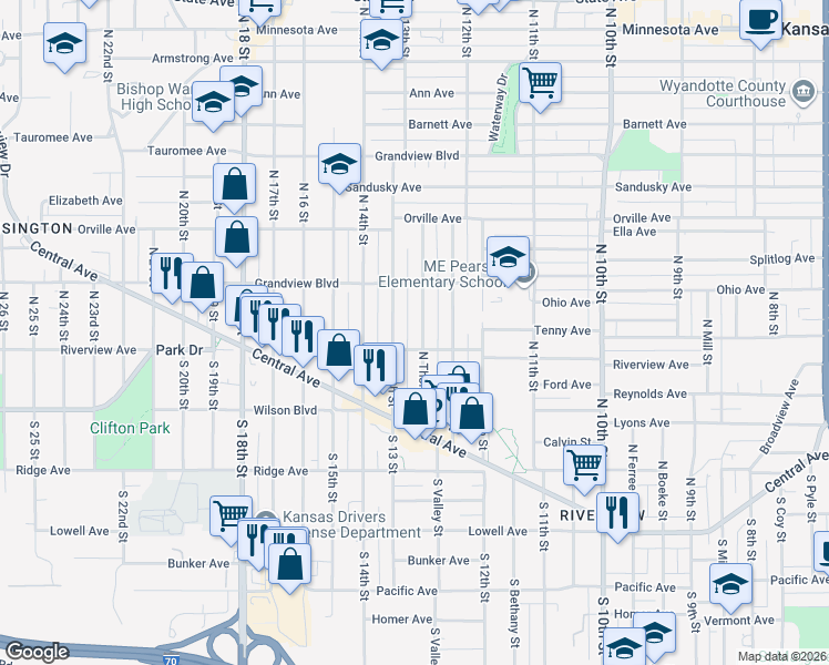 map of restaurants, bars, coffee shops, grocery stores, and more near 208 North Thorpe Street in Kansas City