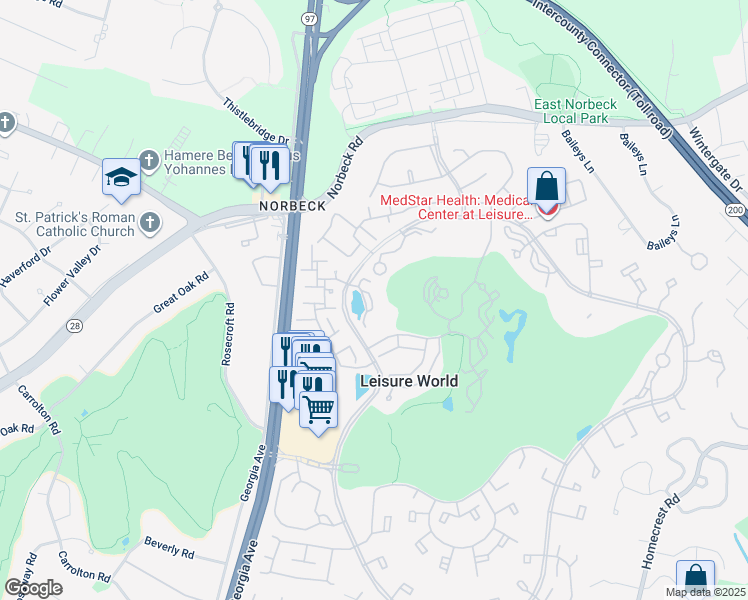 map of restaurants, bars, coffee shops, grocery stores, and more near 3330 North Leisure World Boulevard in Silver Spring