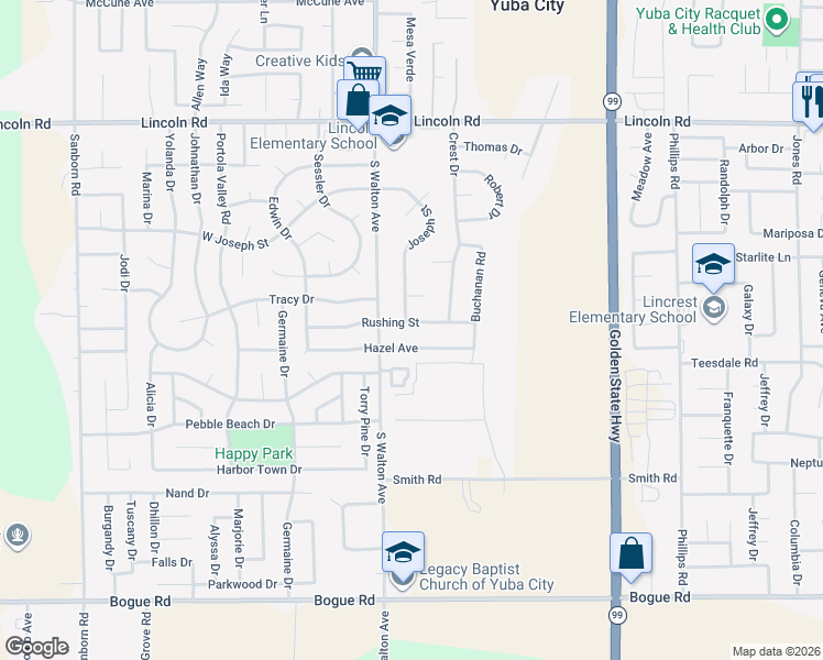 map of restaurants, bars, coffee shops, grocery stores, and more near 1560 Rushing Street in Yuba City