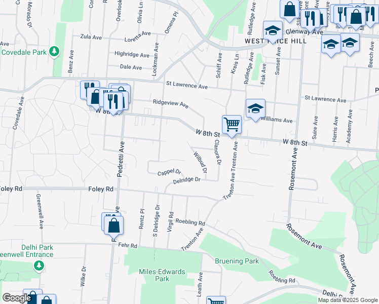 map of restaurants, bars, coffee shops, grocery stores, and more near 765 Wilbud Drive in Cincinnati
