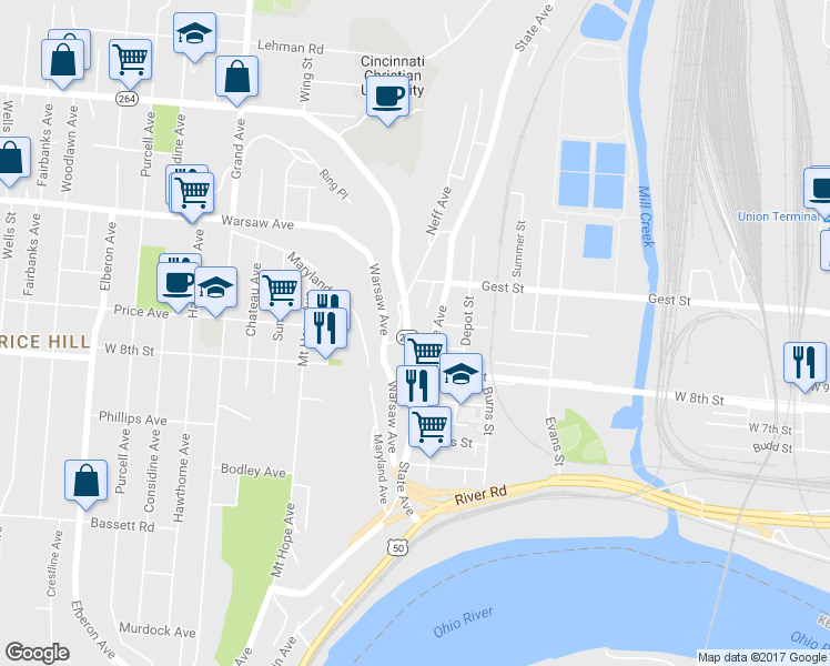 map of restaurants, bars, coffee shops, grocery stores, and more near 2334 Glenway Avenue in Cincinnati