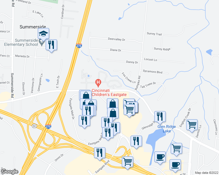 map of restaurants, bars, coffee shops, grocery stores, and more near 857 Deerfield Boulevard in Cincinnati