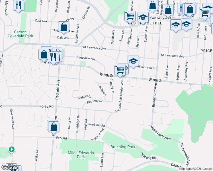 map of restaurants, bars, coffee shops, grocery stores, and more near 4239 Loubell Lane in Cincinnati