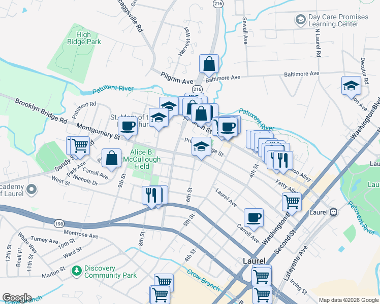 map of restaurants, bars, coffee shops, grocery stores, and more near 607 Montgomery Street in Laurel