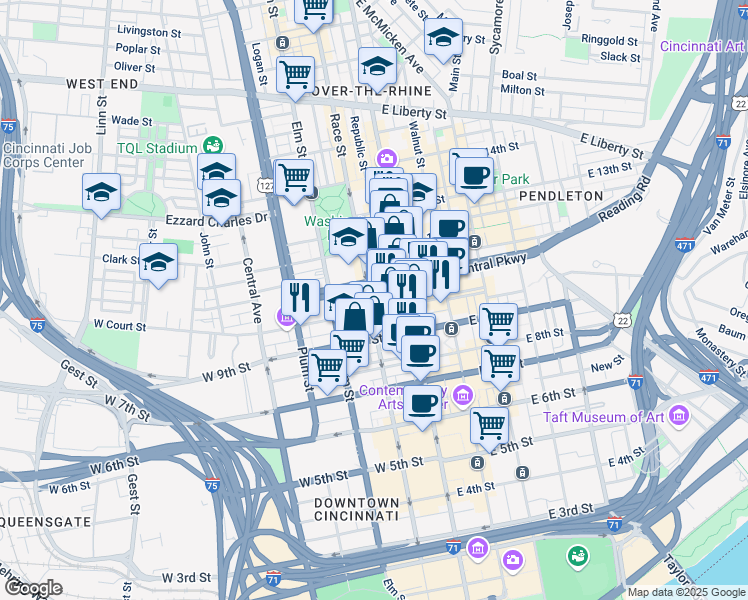 map of restaurants, bars, coffee shops, grocery stores, and more near 26 West Court Street in Cincinnati