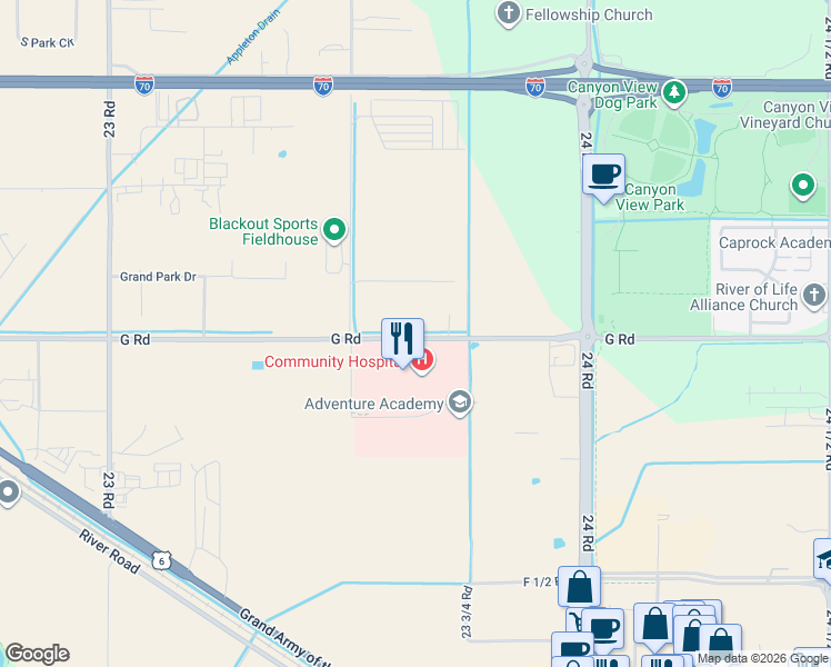 map of restaurants, bars, coffee shops, grocery stores, and more near 2372 G Road in Grand Junction