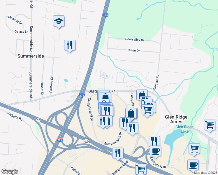 map of restaurants, bars, coffee shops, grocery stores, and more near 778 Old State Route 74 in Cincinnati