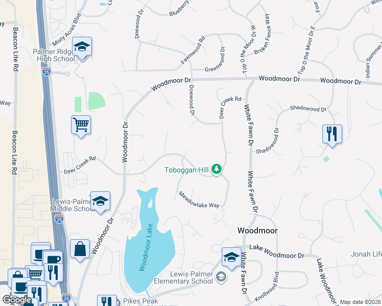 map of restaurants, bars, coffee shops, grocery stores, and more near 18925 Autumn Way in Monument