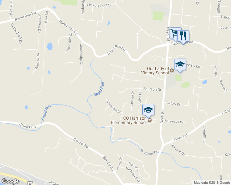 map of restaurants, bars, coffee shops, grocery stores, and more near 5898 Fourson Drive in Cincinnati