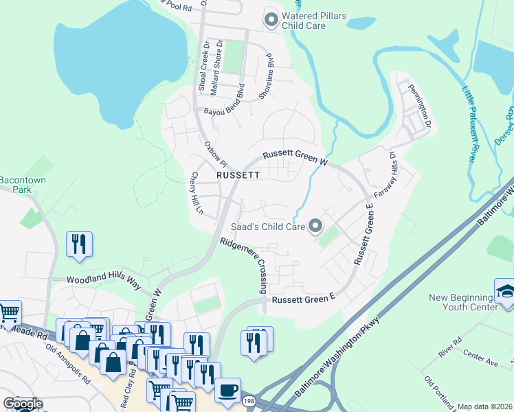 map of restaurants, bars, coffee shops, grocery stores, and more near 106 Forests Edge Place in Laurel