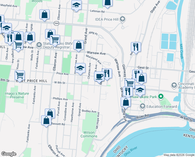 map of restaurants, bars, coffee shops, grocery stores, and more near 825 Mount Hope Avenue in Cincinnati