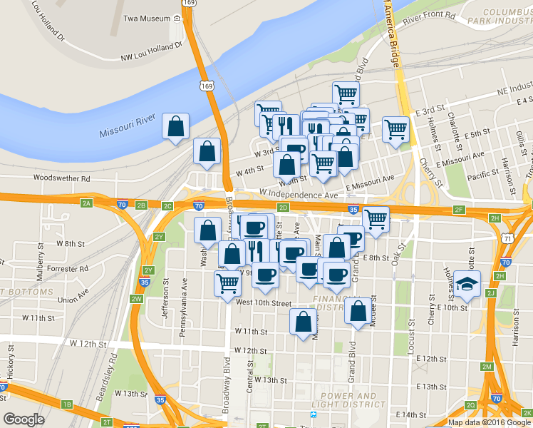 map of restaurants, bars, coffee shops, grocery stores, and more near W 6th St & Central St in Kansas City
