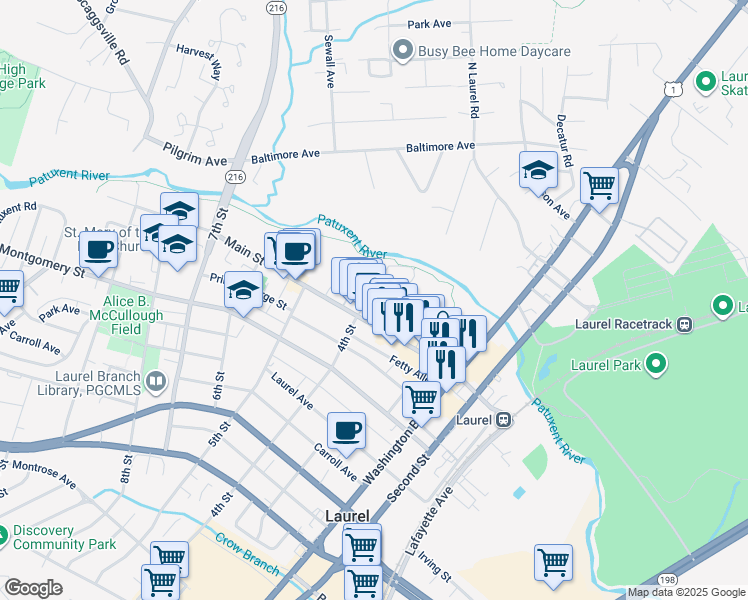 map of restaurants, bars, coffee shops, grocery stores, and more near 38 4th Street in Laurel