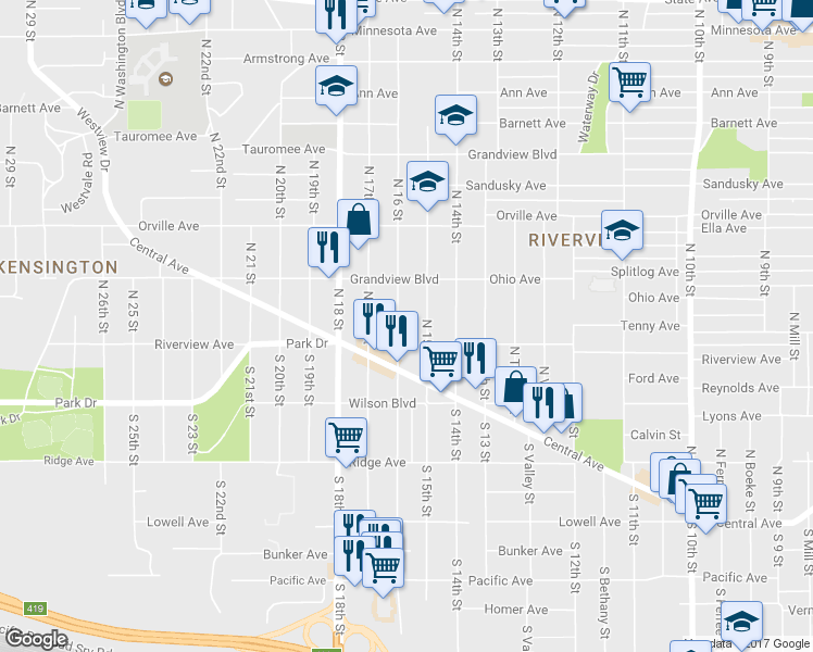 map of restaurants, bars, coffee shops, grocery stores, and more near 215 North 16 Street in Kansas City
