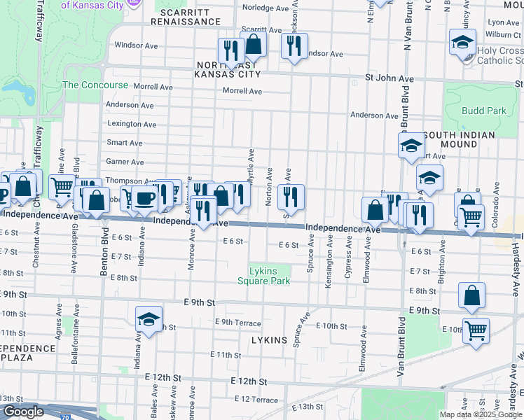 map of restaurants, bars, coffee shops, grocery stores, and more near 524 Norton Avenue in Kansas City
