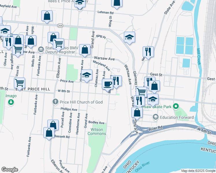 map of restaurants, bars, coffee shops, grocery stores, and more near 825 Mount Hope Avenue in Cincinnati