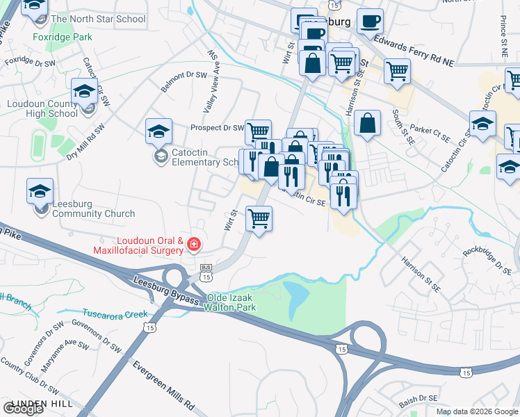 map of restaurants, bars, coffee shops, grocery stores, and more near 608 South King Street in Leesburg