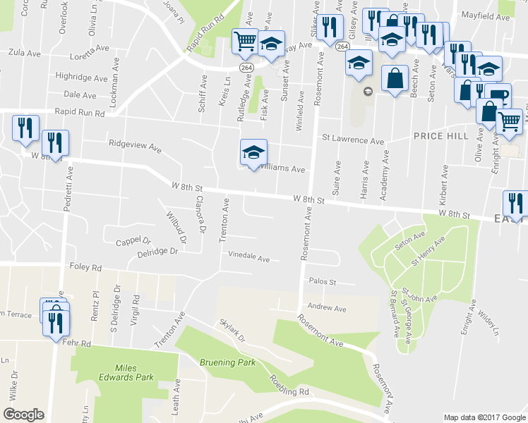 map of restaurants, bars, coffee shops, grocery stores, and more near 4124 Pleasure Dr in Cincinnati