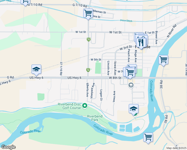 map of restaurants, bars, coffee shops, grocery stores, and more near 707 Elberta Drive in Palisade