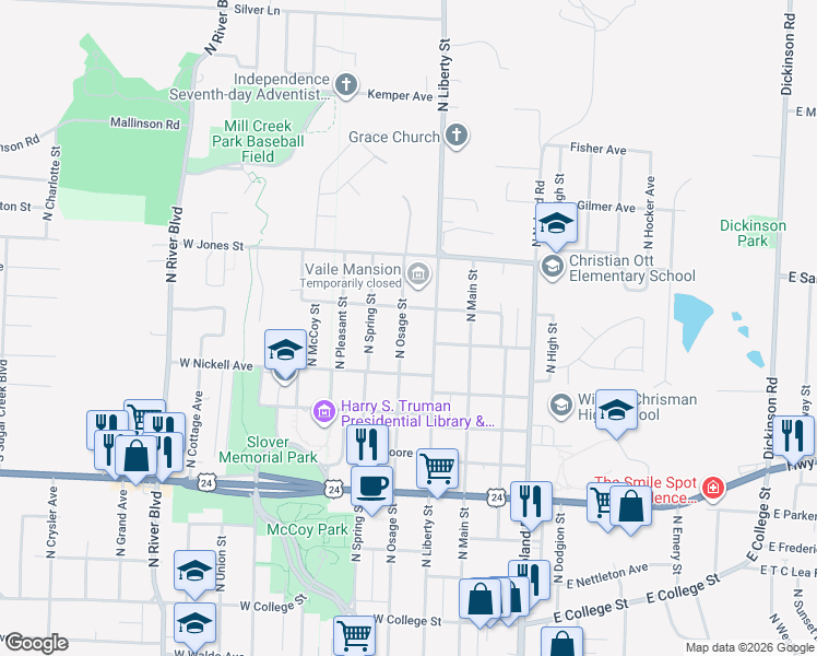 map of restaurants, bars, coffee shops, grocery stores, and more near 1335 North Osage Street in Independence