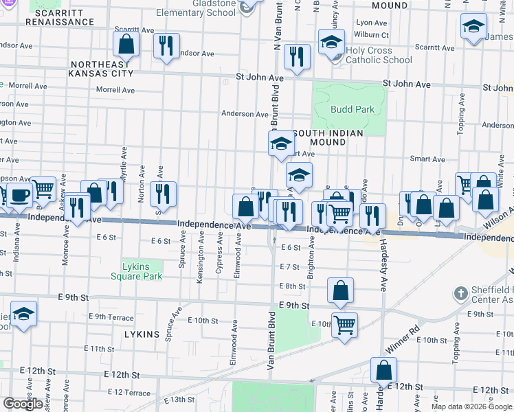 map of restaurants, bars, coffee shops, grocery stores, and more near 513 Lawn Ave in Kansas City