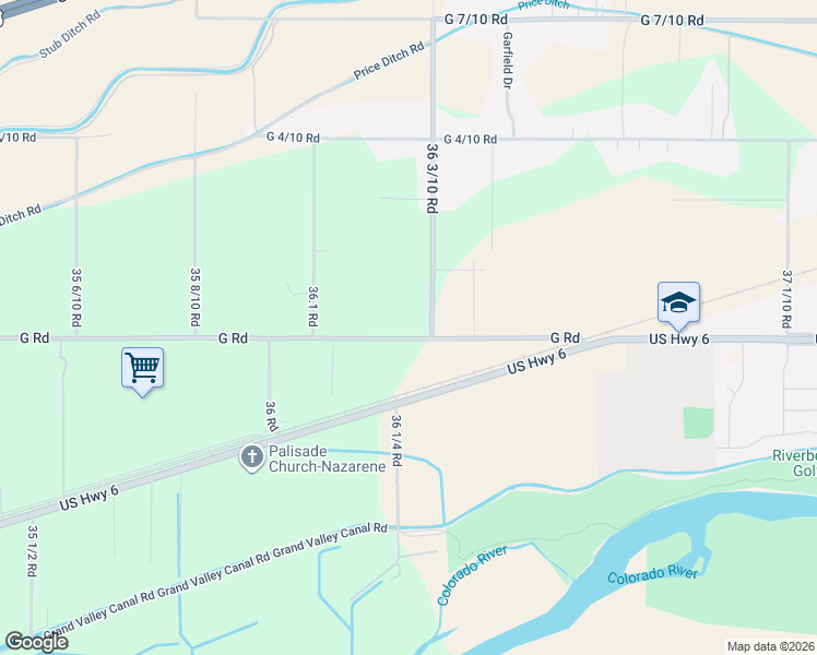 map of restaurants, bars, coffee shops, grocery stores, and more near 3628 G Road in Palisade