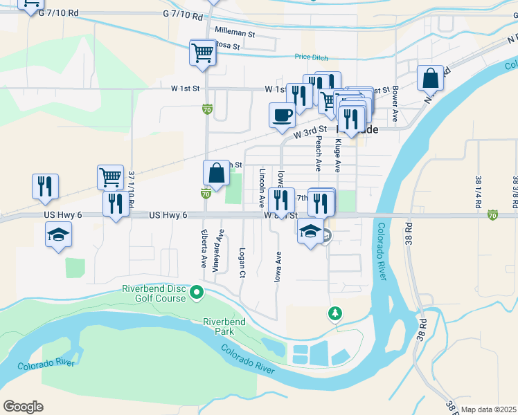 map of restaurants, bars, coffee shops, grocery stores, and more near 502 W 8th St in Palisade
