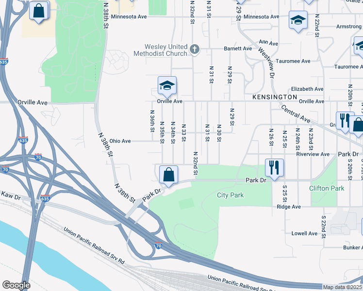 map of restaurants, bars, coffee shops, grocery stores, and more near 230 North 33 Street in Kansas City