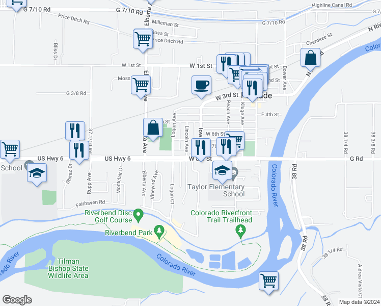 map of restaurants, bars, coffee shops, grocery stores, and more near 502 West 8th Street in Palisade