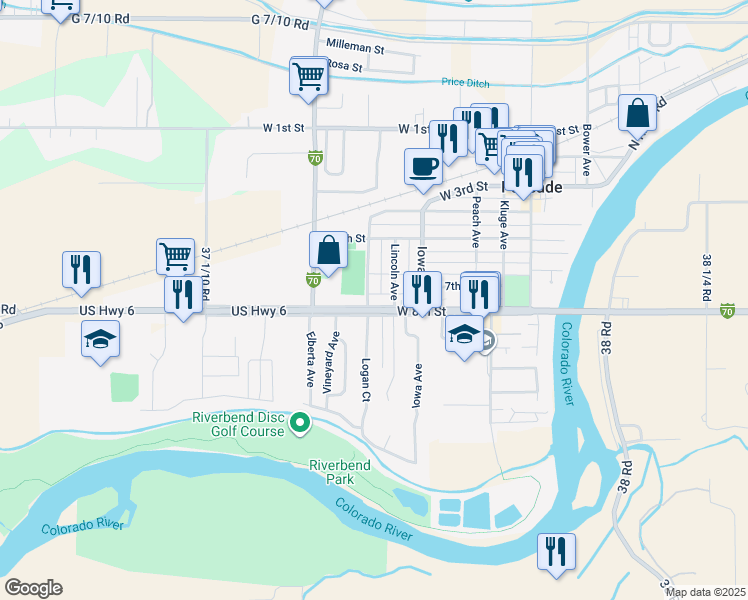 map of restaurants, bars, coffee shops, grocery stores, and more near 502 West 8th Street in Palisade