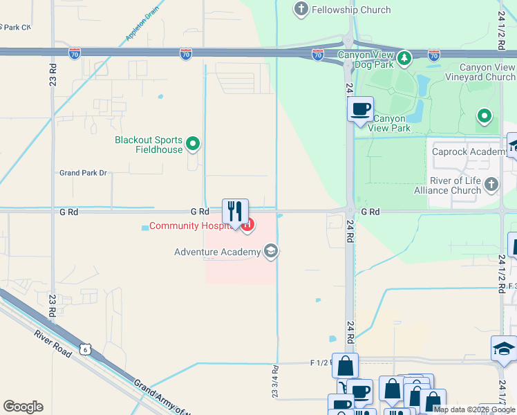 map of restaurants, bars, coffee shops, grocery stores, and more near 11 G Road in Grand Junction