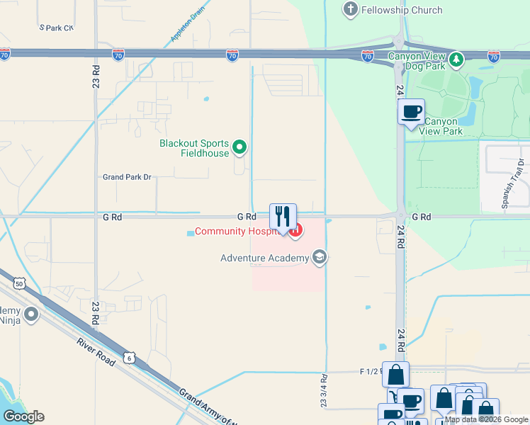 map of restaurants, bars, coffee shops, grocery stores, and more near 2360 G Road in Grand Junction
