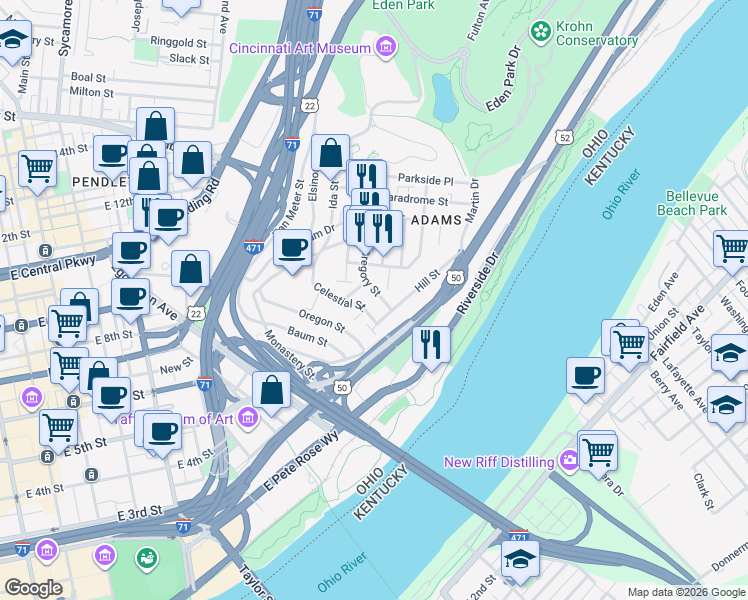 map of restaurants, bars, coffee shops, grocery stores, and more near 1026 Celestial Street in Cincinnati