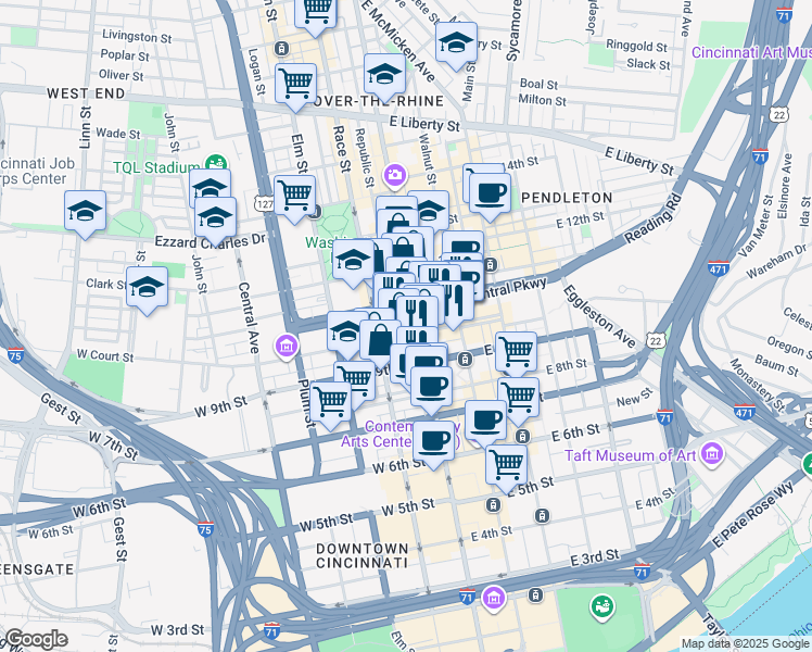 map of restaurants, bars, coffee shops, grocery stores, and more near 24-26 West Court Street in Cincinnati