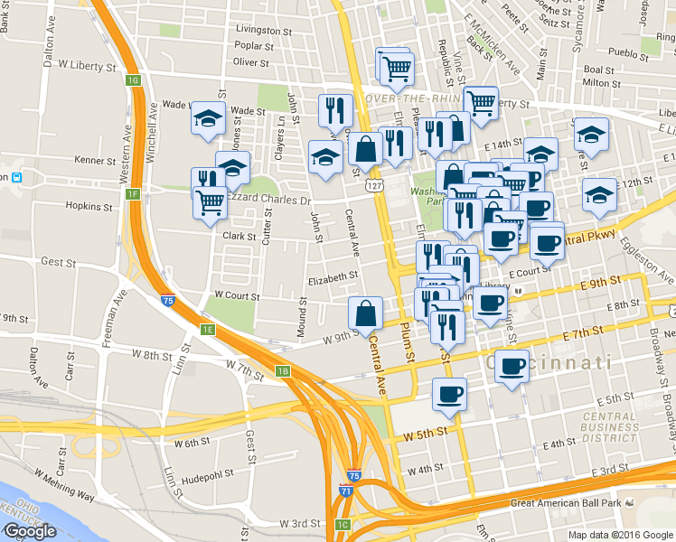 map of restaurants, bars, coffee shops, grocery stores, and more near 428 Elizabeth Street in Cincinnati